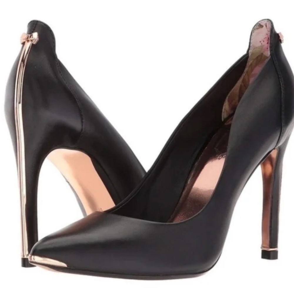 TED BAKER London Melissa Black Leather Rose Gold Bow High Heels Pumps Size 9